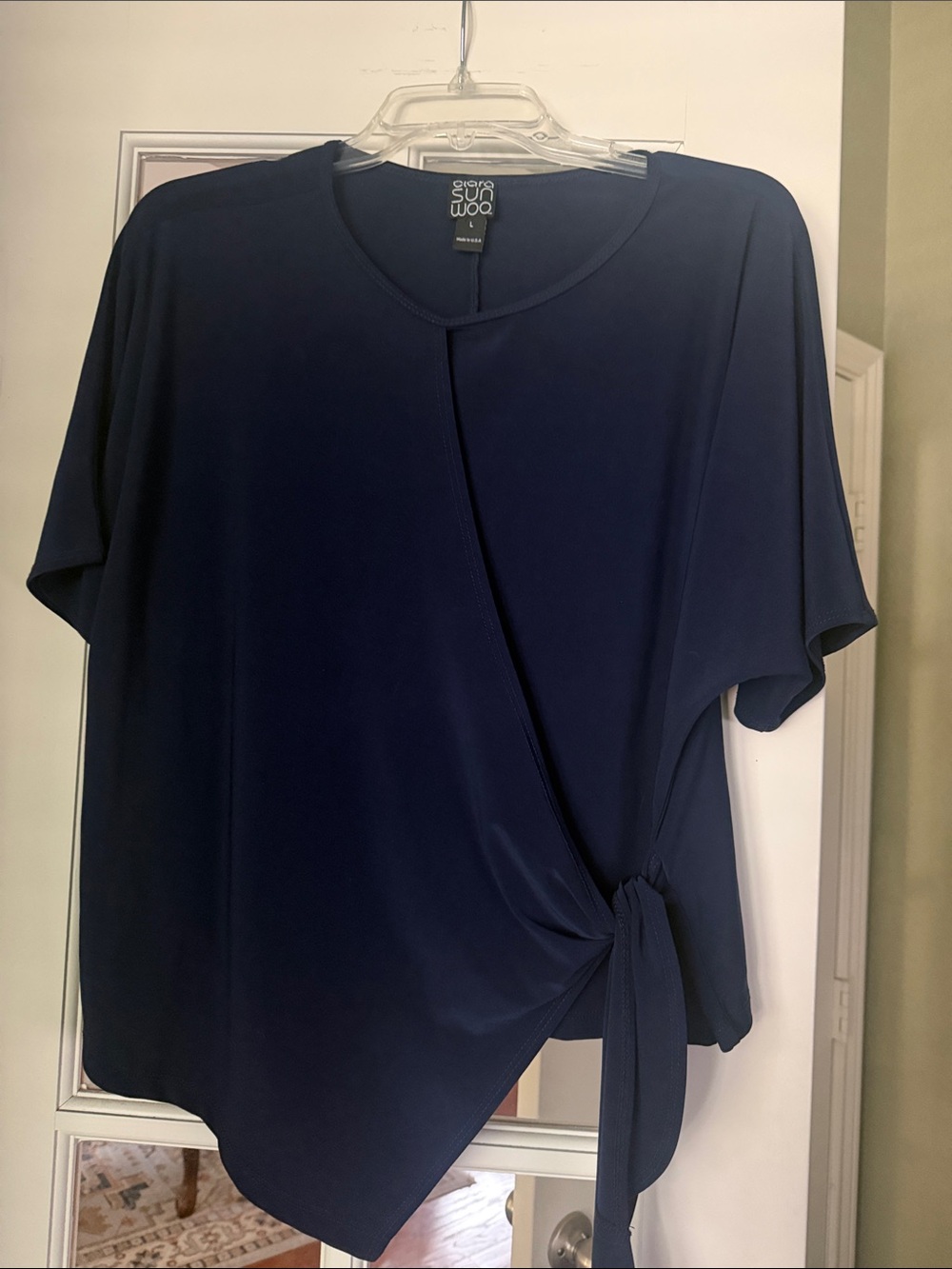 Clara Sun Woo Navy Short-Sleeve Faux Wrap Top with Side Knot